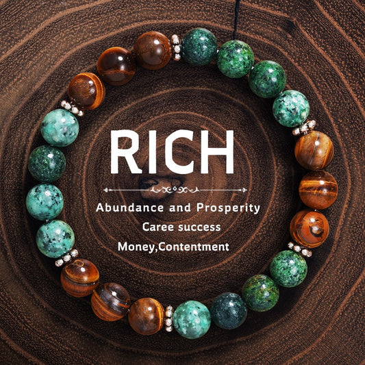 2 pcs Rich Abundance Bracelet - African Turquoise & Tiger's Eye Crystal Bracelet for Wealth, Prosperity, Career Success & Money Attractio
