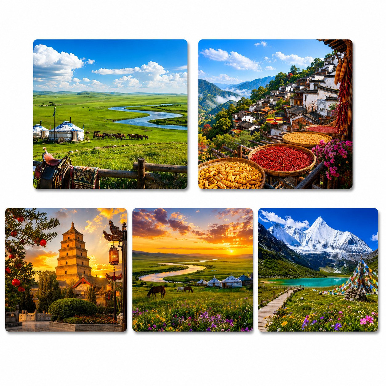 China Natural Wonders Fridge Magnet Collection™ (Set of 5) Hulunbuir • Huangling • Giant Wild Goose Pagoda • Daocheng Yading • Hemu Grasslands