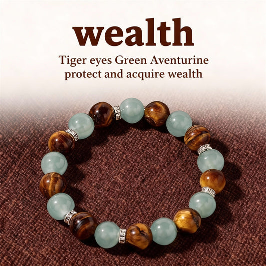 2pcs Tiger's Eye & Green Aventurine Wealth Bracelet - Natural Stone Beaded Bracelet for Money, Protection & Prosperity