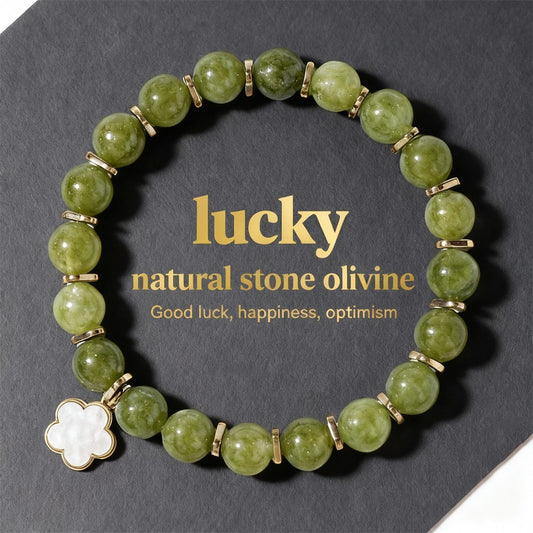 2pcs Lucky Olivine Bracelet - Natural Green Stone Bracelet with Clover Charm for Good Luck, Happiness, Optimism & Positive Energy