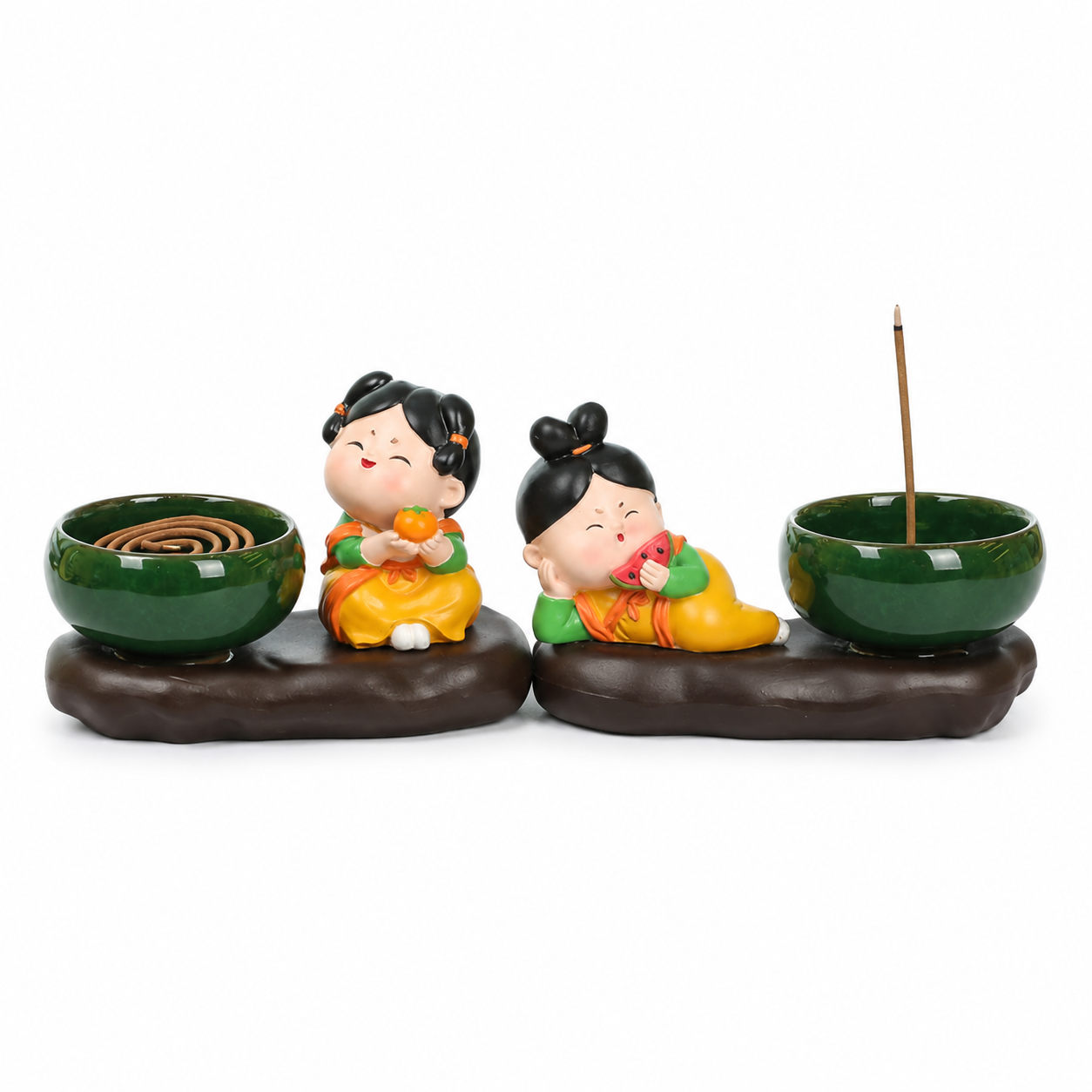 Handcrafted Tang Dynasty Maiden ceramic incense holder with emerald green incense bowl, designed for incense sticks and coil incense, Eastern healing rituals, tea ceremonies, meditation, and Zen home décor.
