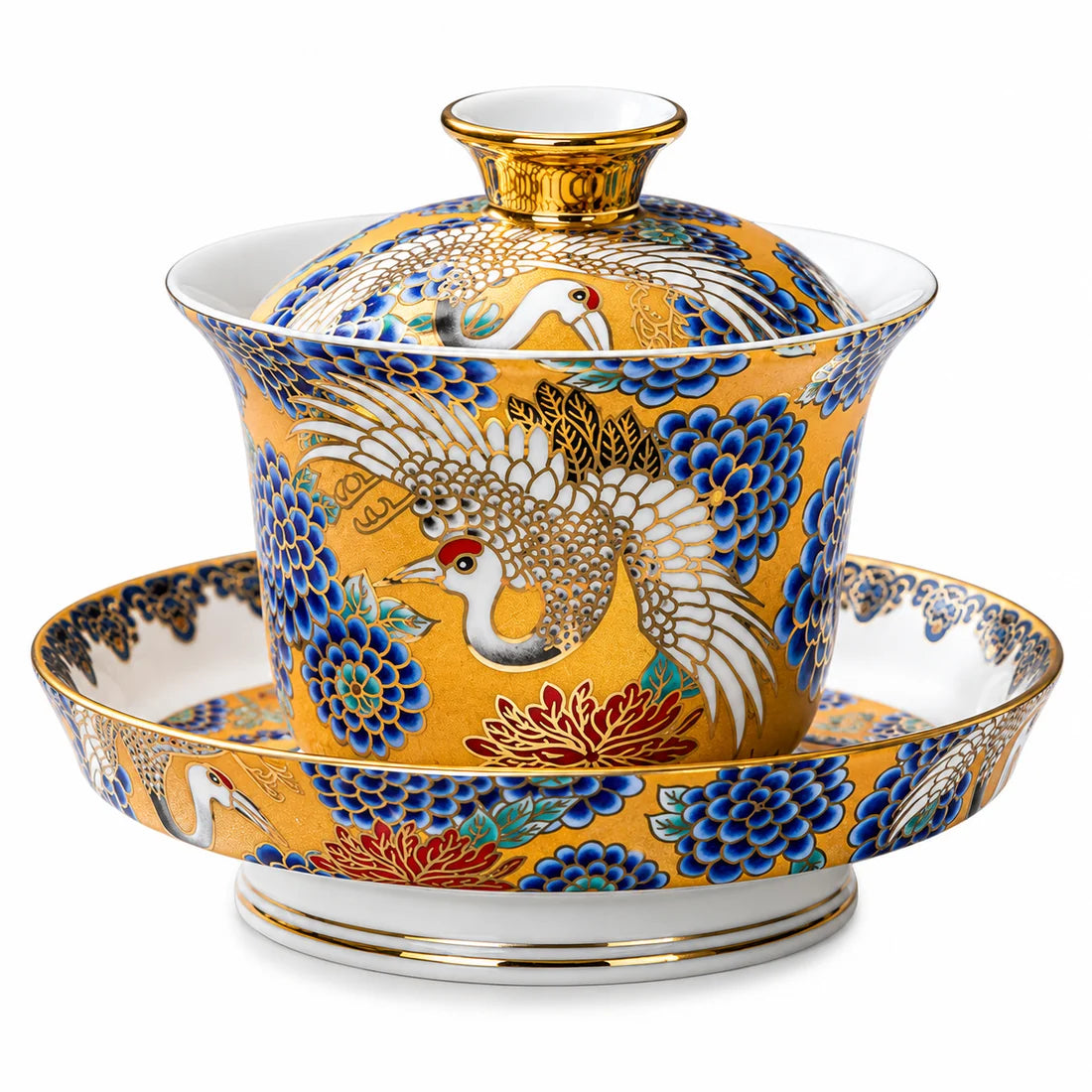 Golden Crane 180 mL ceramic enamel gaiwan with white cranes, blue floral motifs, gold detail, lid and matching saucer
