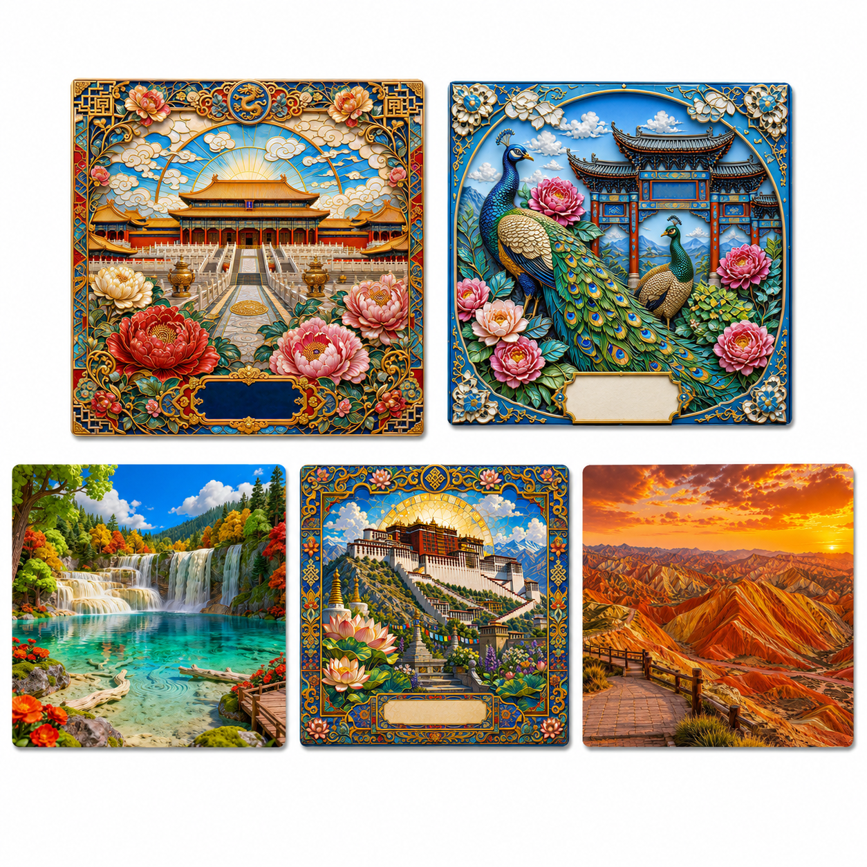 China Wonders Fridge Magnet Collection™ (Set of 5) Forbidden City • Potala Palace • Jiuzhaigou • Zhangye Danxia • Kunming