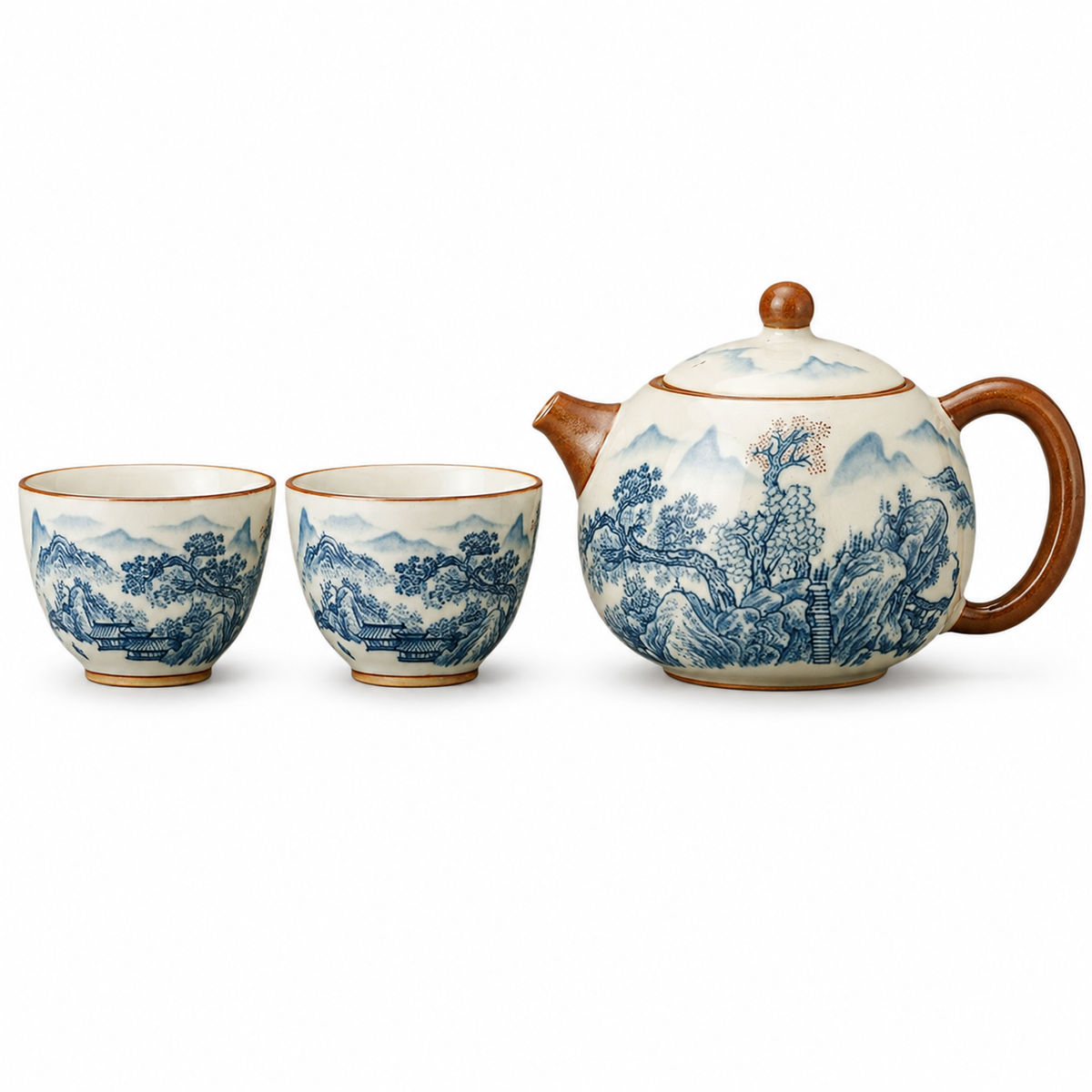 Thousand Li Landscape Ru Ware tea set with 220 mL mountain landscape teapot and two matching 60 mL tea cups