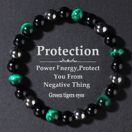 2pcs Green Tiger's Eye Protection Bracelet - Black Obsidian Natural Stone Beaded Bracelet for Power, Energy Shield & Negative Energy Protection