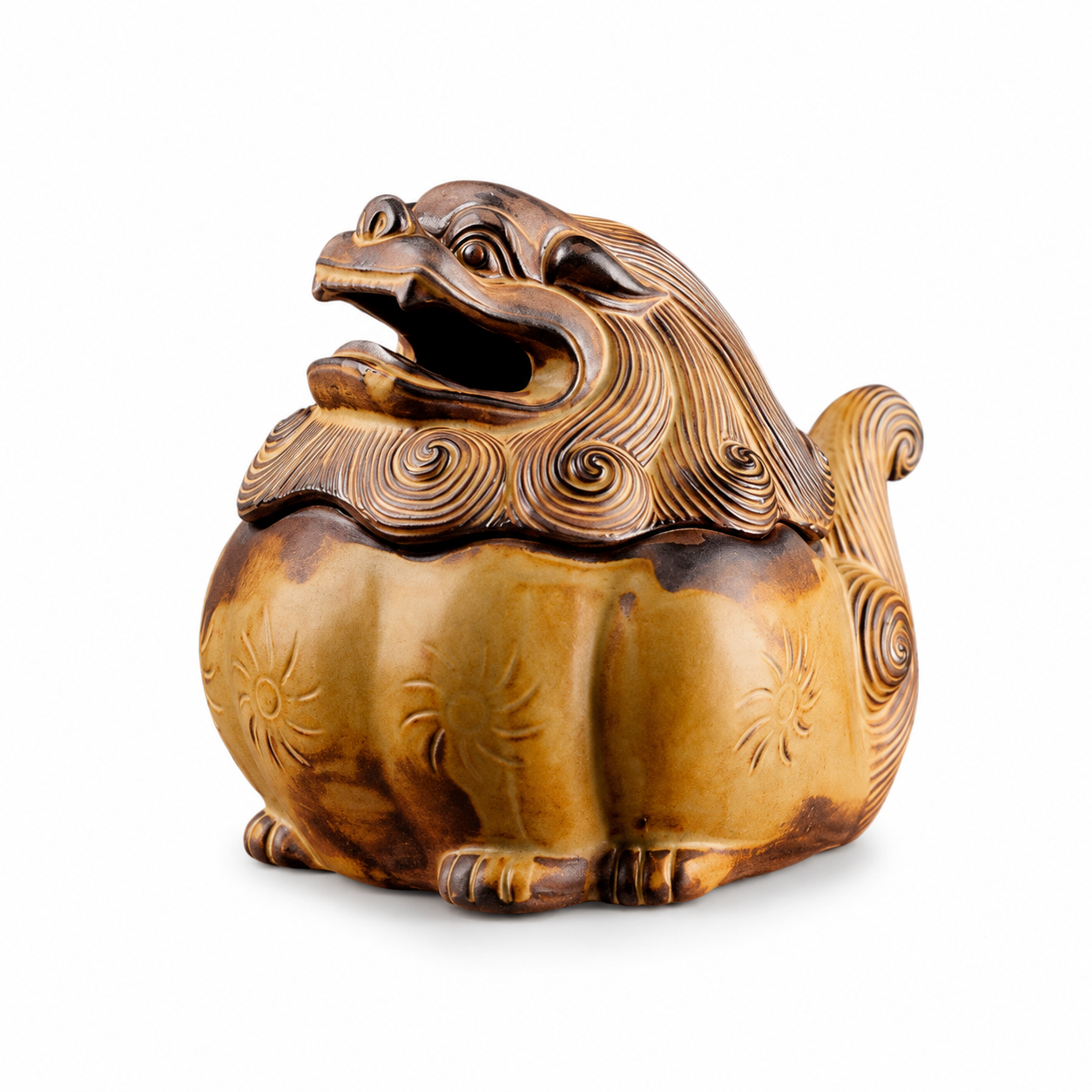 Handcrafted Guardian Lion ceramic incense burner with antique bronze glaze, traditional Shishi design, hidden incense chamber, and Eastern healing-inspired craftsmanship for meditation, tea ceremonies, and Zen home décor.