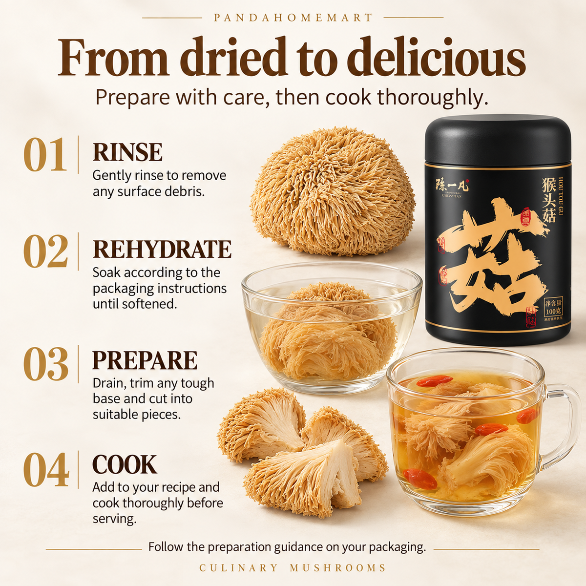 Dried Lion's Mane Mushroom for Soups Broths and Savory Cooking