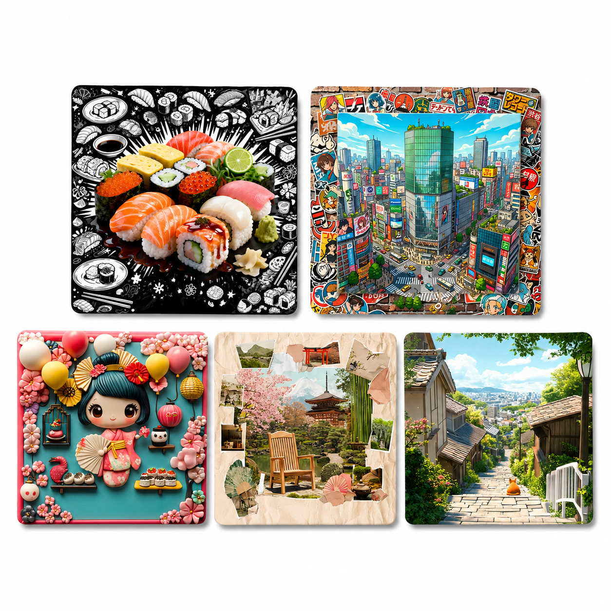 Japan Timeless Treasures Fridge Magnet Collection™ (Set of 5) Tokyo • Kyoto • Nagasaki • Japanese Sushi • Modern Kawaii Culture