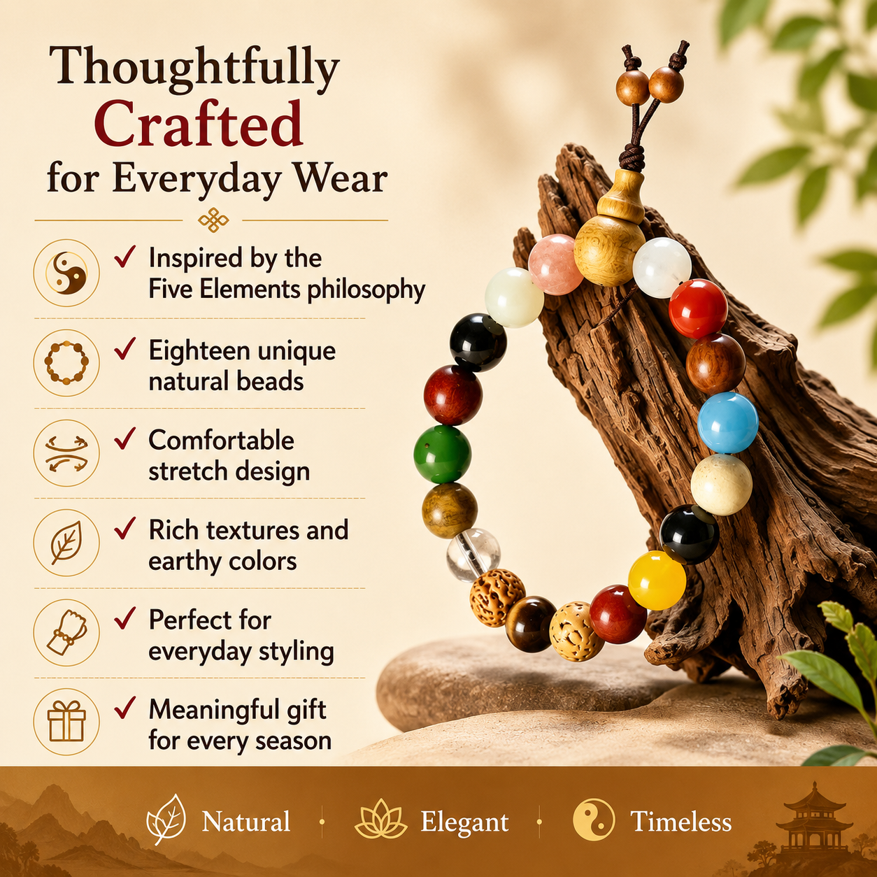 Natural Bodhi Seed Bracelet with Wood &amp; Gemstone Accents