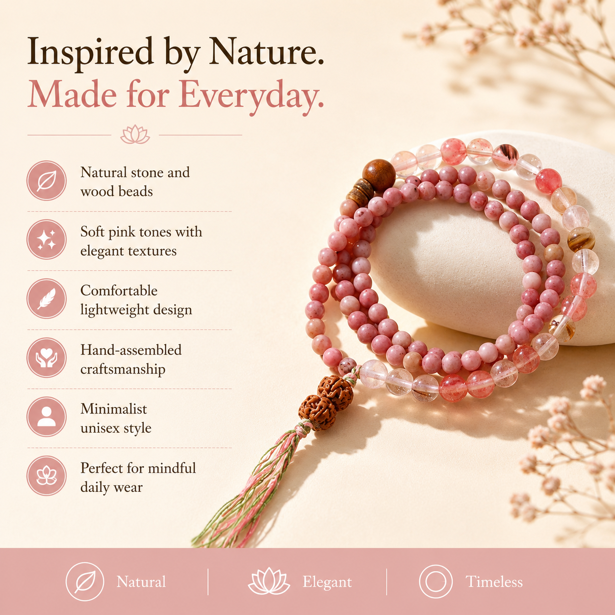 Pink Crystal Meditation Mala Bracelet