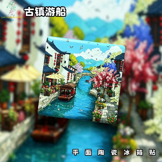 Ancient Water Town Boat Ceramic Fridge Magnet – Chinese Canal Riverside Refrigerator Magnet, Oriental Cottagecore Home Decor Gift