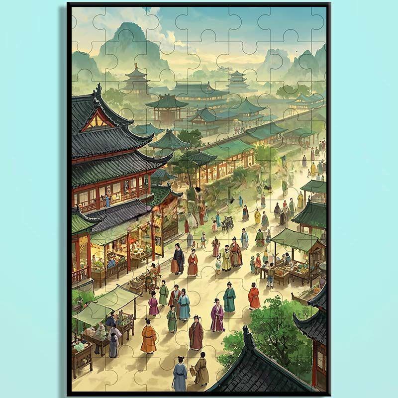 Tang Dynasty Chinese Wooden Jigsaw Puzzle – Ancient Chinese Cityscape Puzzle, Guochao Art Puzzle, Premium Wooden Wall Decor For Adults