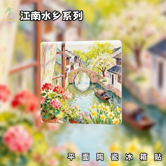 Jiangnan Water Town Fridge Magnet – Chinese Ceramic Refrigerator Magnet Oriental Canal Landscape Decor