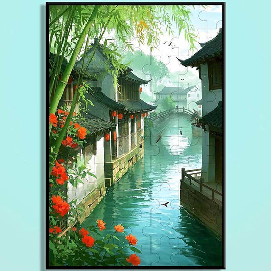 Jiangnan Alley Wooden Puzzle – Chinese Water Town Jigsaw Art, Oriental Healing Landscape Puzzle for Adults & Cozy Home Decor JNXX002