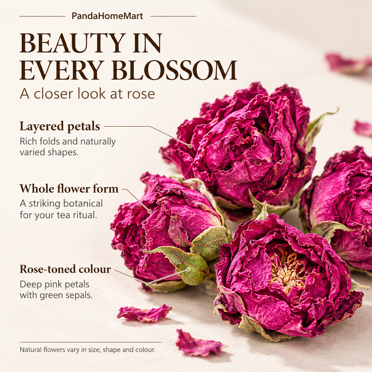Whole Dried Rose Blossoms with Deep Pink Layered Petals