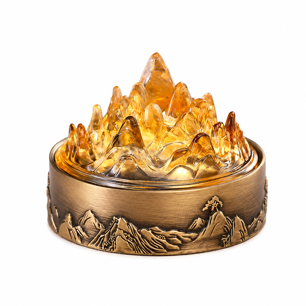 Jiangli Mountain Incense Burner with handcrafted amber glass mountains and antique bronze base creating a mesmerizing backflow smoke effect for Zen home décor.