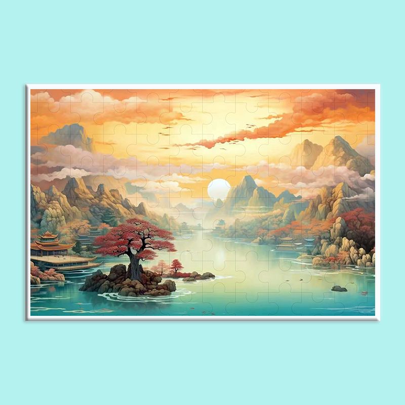 Chinese Landscape Wooden Jigsaw Puzzle – Traditional Shan Shui Mountain River Puzzle, Oriental Zen Art Puzzle, Premium Wooden Wall Decor For Adults