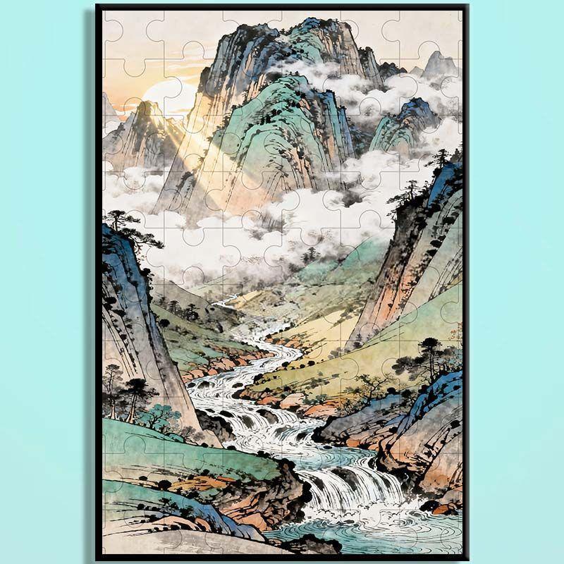Four Seasons Chinese Landscape Wooden Jigsaw Puzzle – Oriental Mountain Waterfall Art Puzzle, Zen Healing Puzzle, Relaxing Mindfulness Home Decor Gift SJ002
