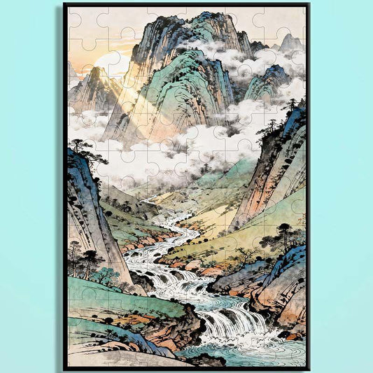 Four Seasons Chinese Landscape Wooden Jigsaw Puzzle – Oriental Mountain Waterfall Art Puzzle, Zen Healing Puzzle, Relaxing Mindfulness Home Decor Gift SJ002