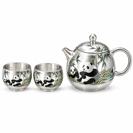 Panda and Bamboo silver-toned tea set with 190 mL teapot and two matching 95 mL tea cups