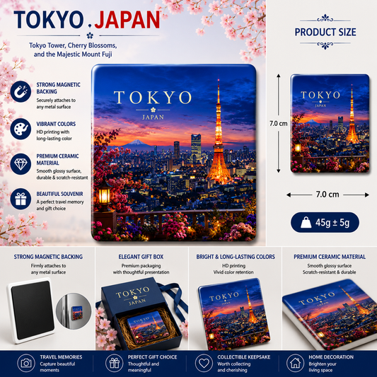 Tokyo Japan Ceramic Fridge Magnet – Sakura Tokyo Tower Souvenir, Japanese Aesthetic Refrigerator Magnet, Oriental Travel Gift & Home Decor
