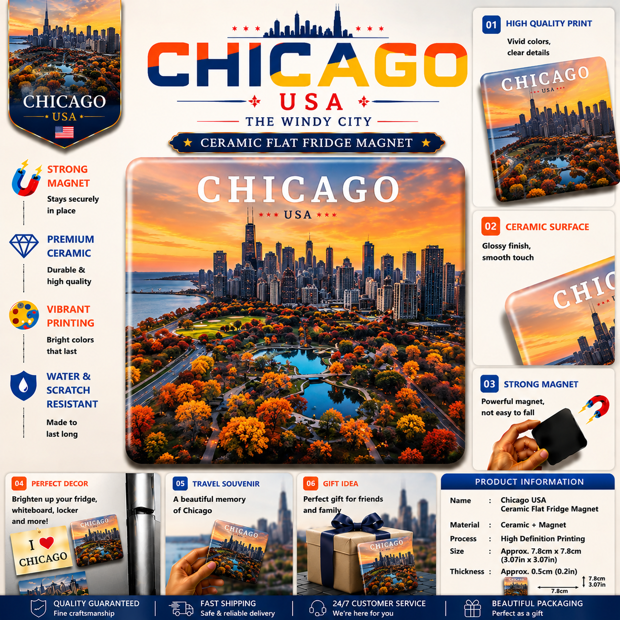 Chicago USA Ceramic Fridge Magnet
