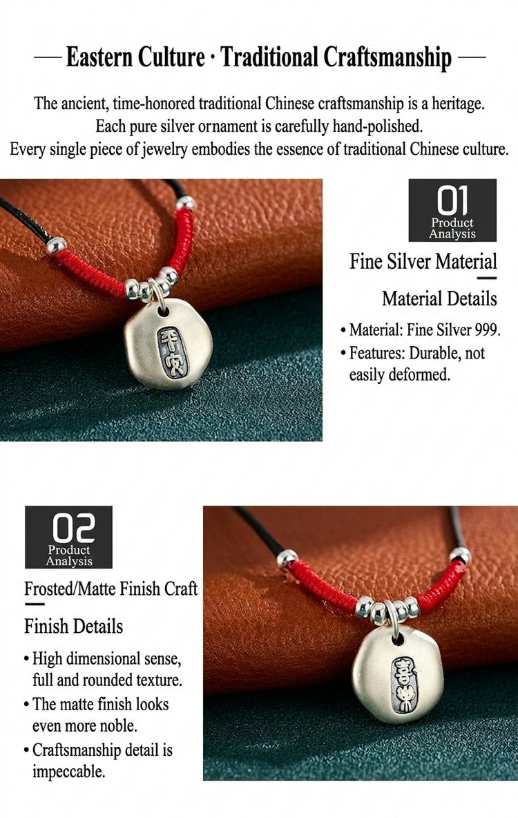 999 Pure Silver Peace & Blessing Pendant Necklace – Minimalist Chinese Lucky Charm Necklace, Adjustable Red Cord Feng Shui Jewelry
