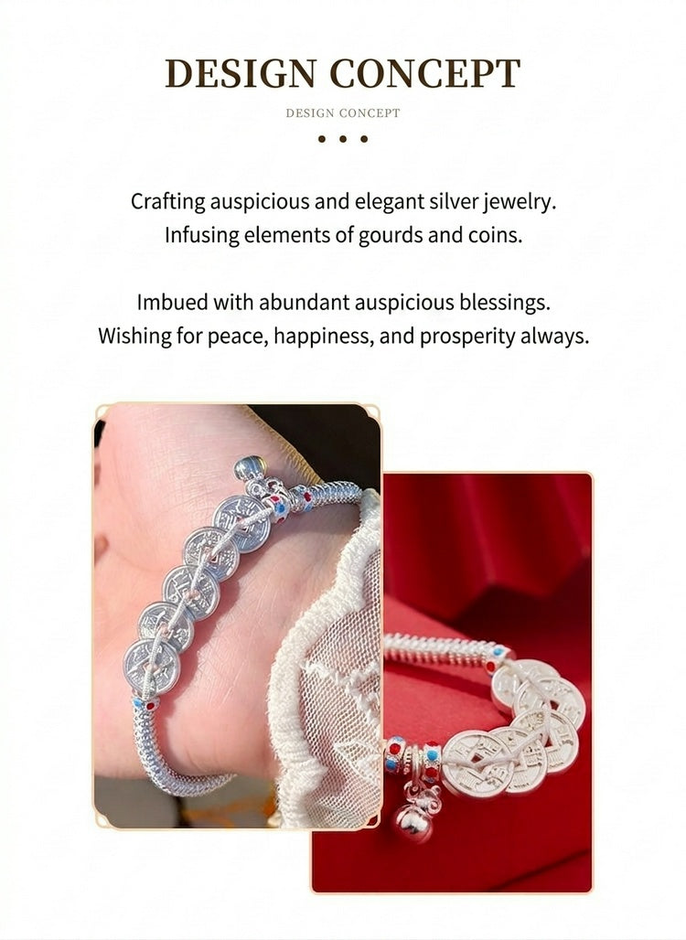 925 Pure Silver Lucky Coin Bracelet – Chinese Feng Shui Wealth Bracelet, Vintage Fortune Charm Jewelry for Women