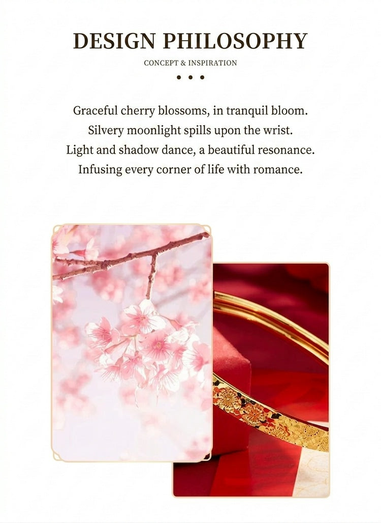 925 Pure Silver Sakura Adjustable Bangle – Vintage Chinese Floral Bracelet, Luxury Gold Tone Push-Pull Cuff Jewelry for Women