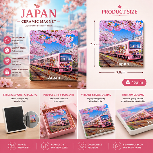 Japan Sakura Train Ceramic Fridge Magnet – Japanese Cherry Blossom Railway Souvenir, Kawaii Japan Refrigerator Magnet, Anime Travel Gift & Cute Home Decor