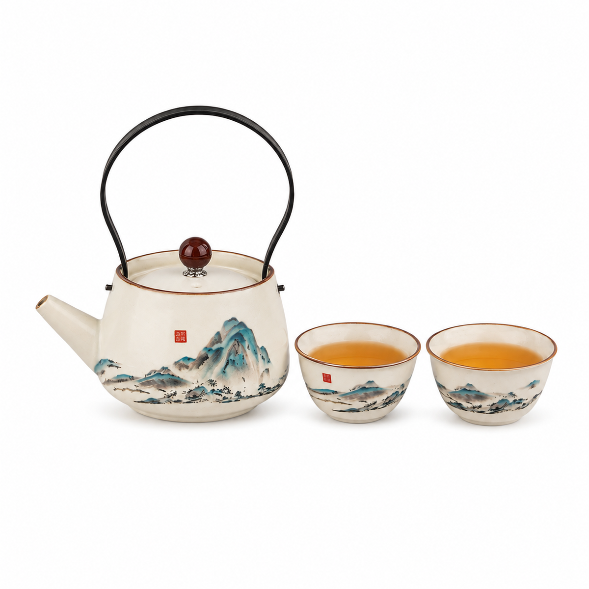 Mountain Landscape Ru Ware Tea Set – 1 Teapot & 2 Cups