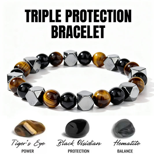 2pcs riple Protection Bracelet - Tiger's Eye Black Obsidian Hematite Natural Stone Beaded Bracelet for Power, Shield & Balance