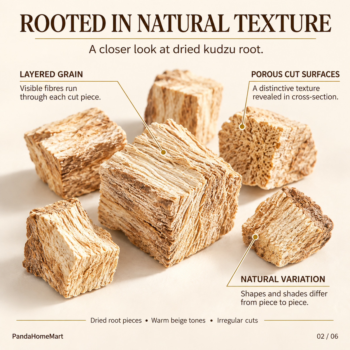 Dried Kudzu Root Pieces with Pale Natural Fibrous Texture