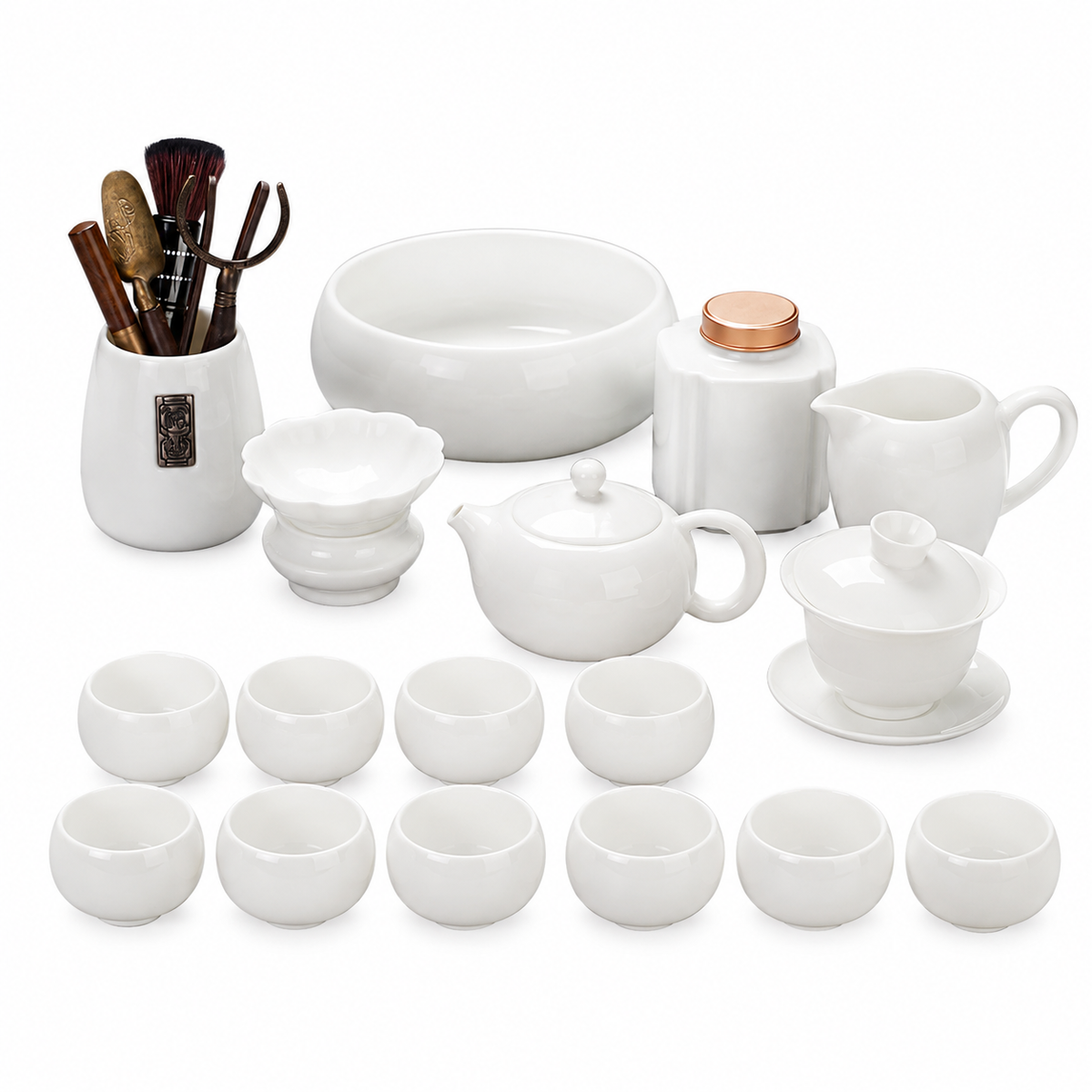Jade White Porcelain Gongfu tea set with teapot, gaiwan, fairness pitcher and eight white tasting cups