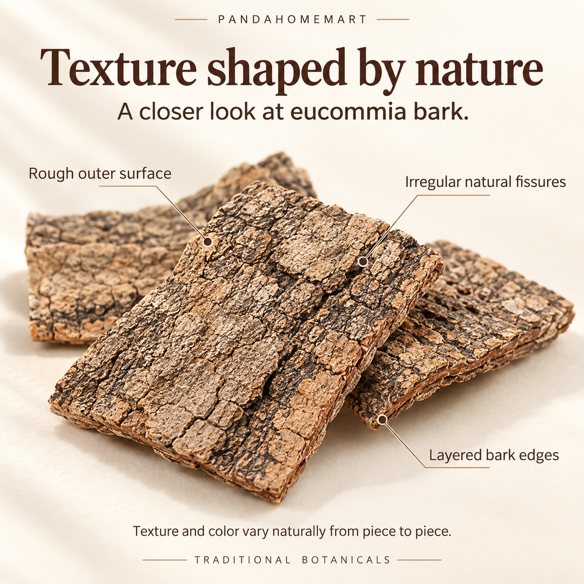 Dried Eucommia Bark Pieces with Natural Brown Woody Textur