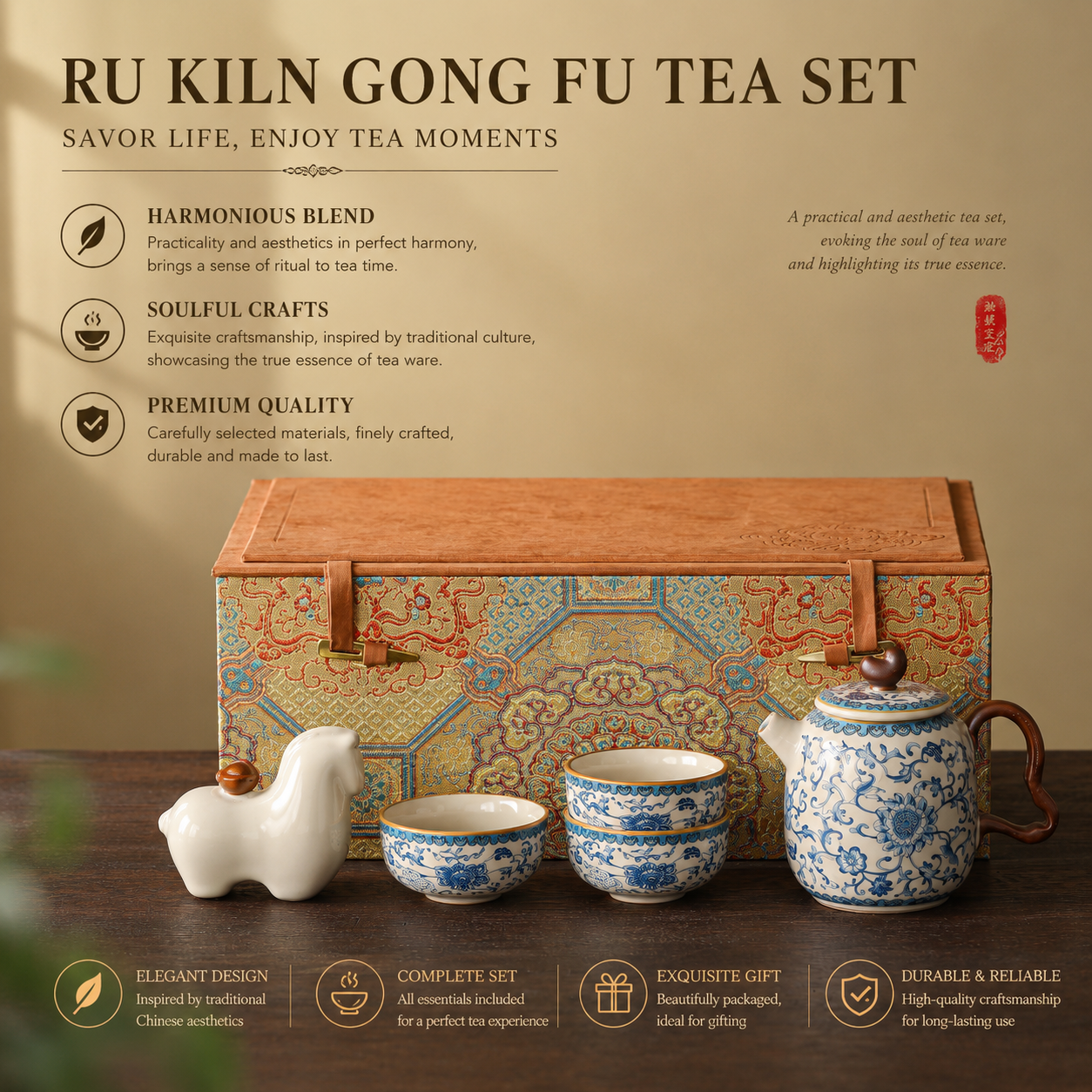 Blue & White Prosperity Gongfu Tea Set™ | Chinese Porcelain Tea Gift Set