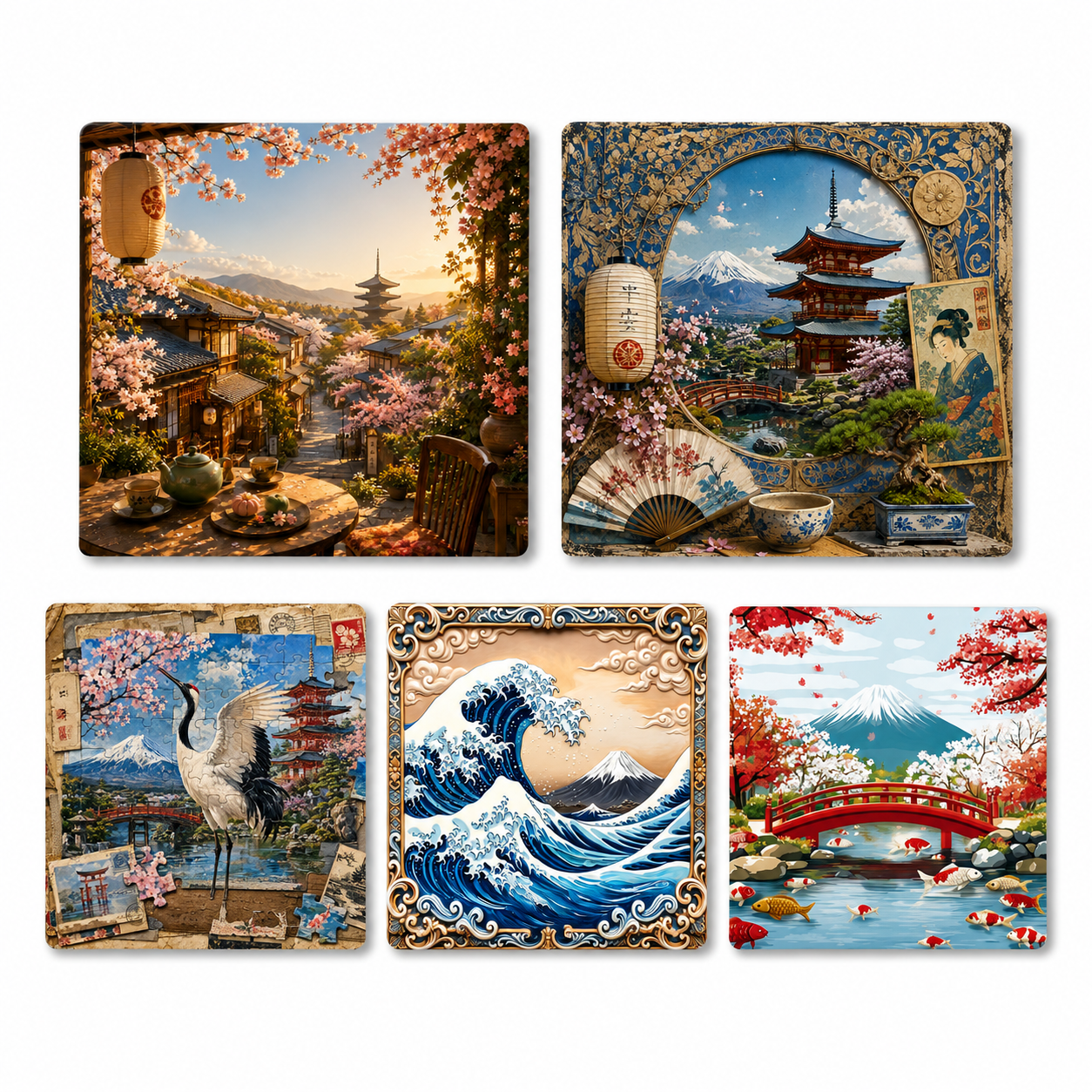 Japan Sakura &amp; Heritage Fridge Magnet Collection™ (Set of 5) Kyoto • Mount Fuji • Tokyo Waves • Sakura Bridge • Japanese Heritage