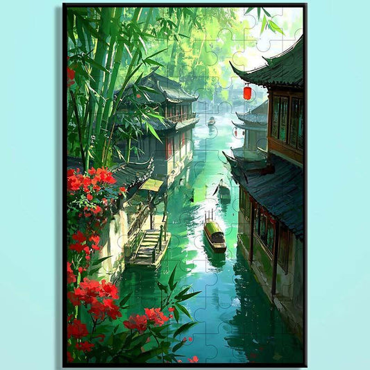 Jiangnan Alley Wooden Puzzle – Chinese Water Town Jigsaw Art, Oriental Healing Landscape Puzzle for Adults & Cozy Home Decor JNXX003