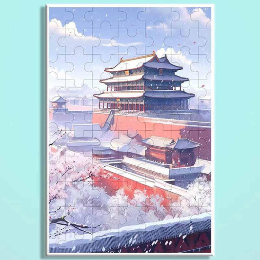 Forbidden City Snowfall Wooden Puzzle – Chinese Palace Winter Landscape Jigsaw, Oriental Snow Scene Puzzle Art for Adults & Cozy Home Decor FC003