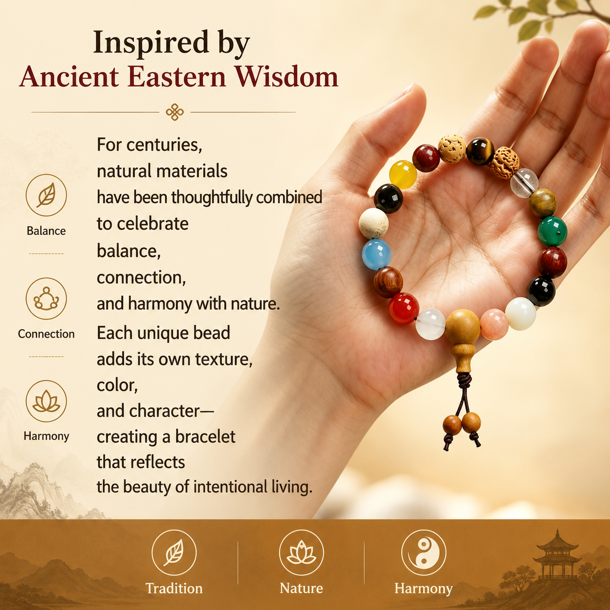 Natural Bodhi Seed Bracelet with Wood &amp; Gemstone Accents