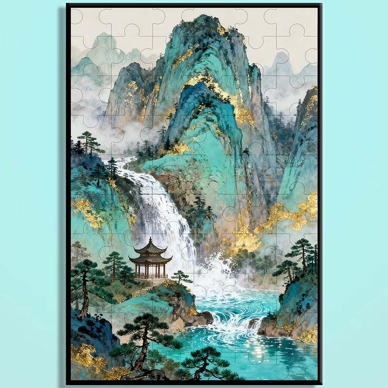 Chinese Landscape Wooden Jigsaw Puzzle – Traditional Shan Shui Mountain River Puzzle, Oriental Wooden Wall Art, Mindfulness Puzzle For Adults