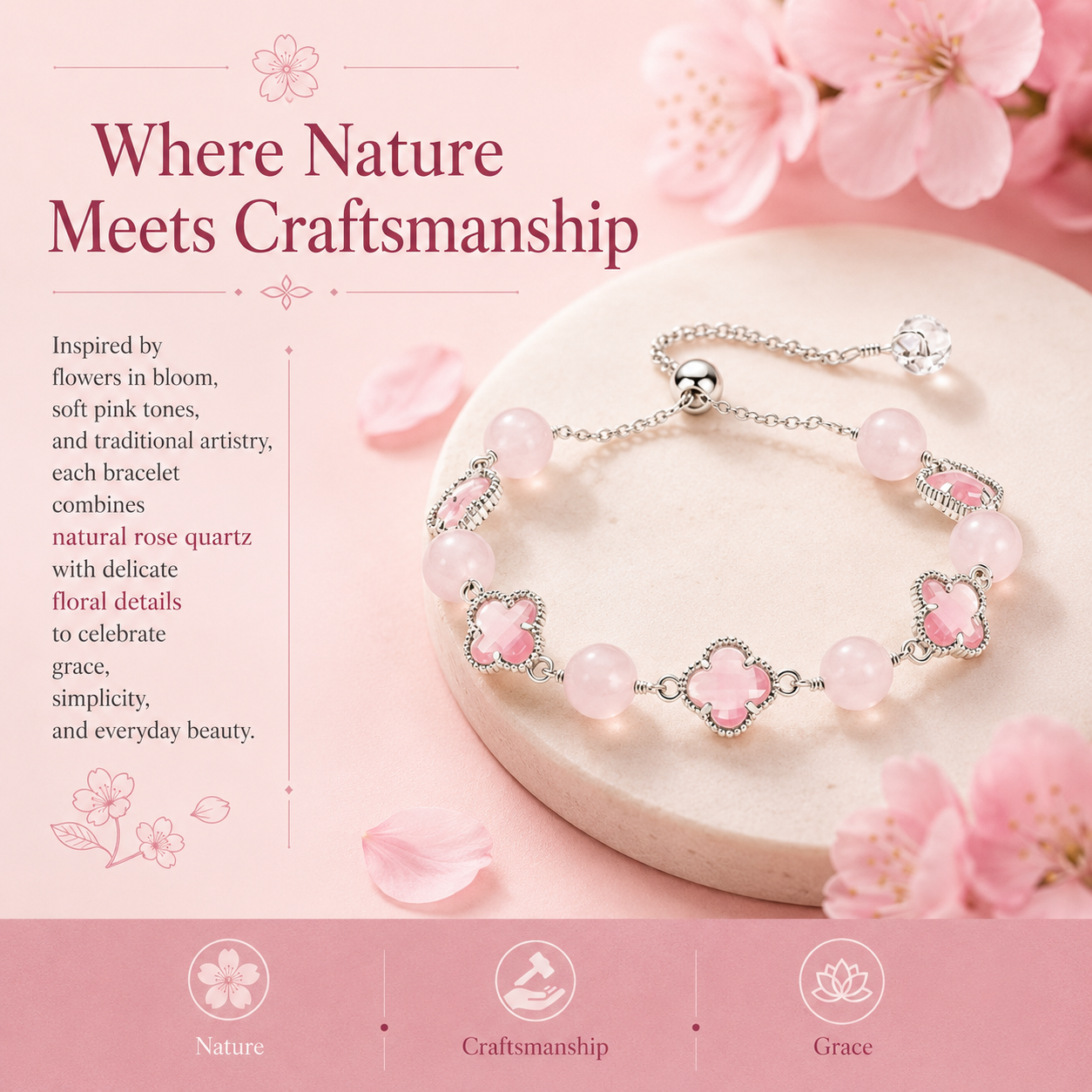 Rose Quartz Four-Leaf Clover Bracelet