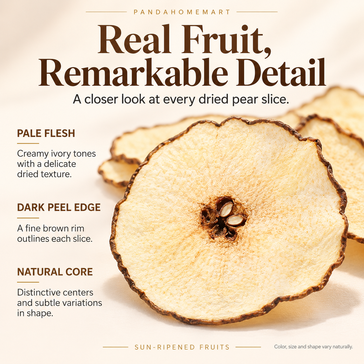 Broad Dried Snow Pear Slices with Pale Golden Fruit Flesh