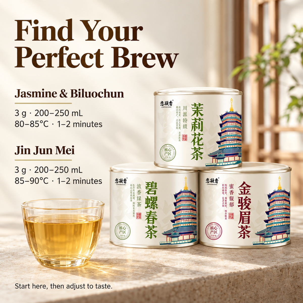 Chinese Tea Discovery Trio – Jasmine Tea, Biluochun & Jin Jun Mei – 150 g