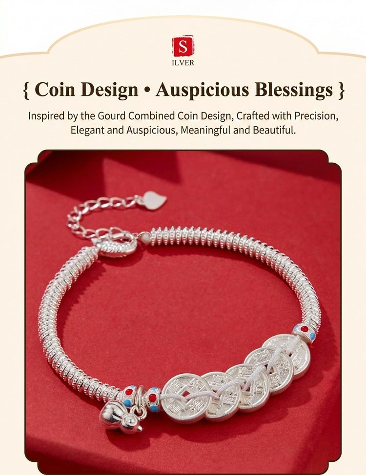 925 Pure Silver Lucky Coin Bracelet – Chinese Feng Shui Wealth Bracelet, Vintage Fortune Charm Jewelry for Women