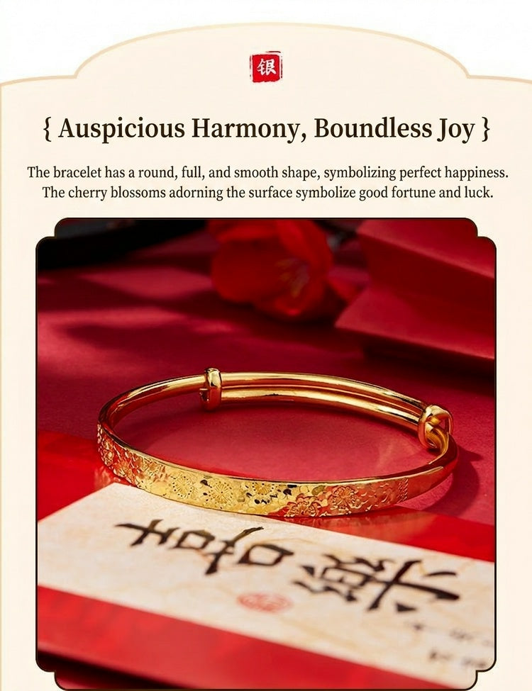 925 Pure Silver Sakura Adjustable Bangle – Vintage Chinese Floral Bracelet, Luxury Gold Tone Push-Pull Cuff Jewelry for Women