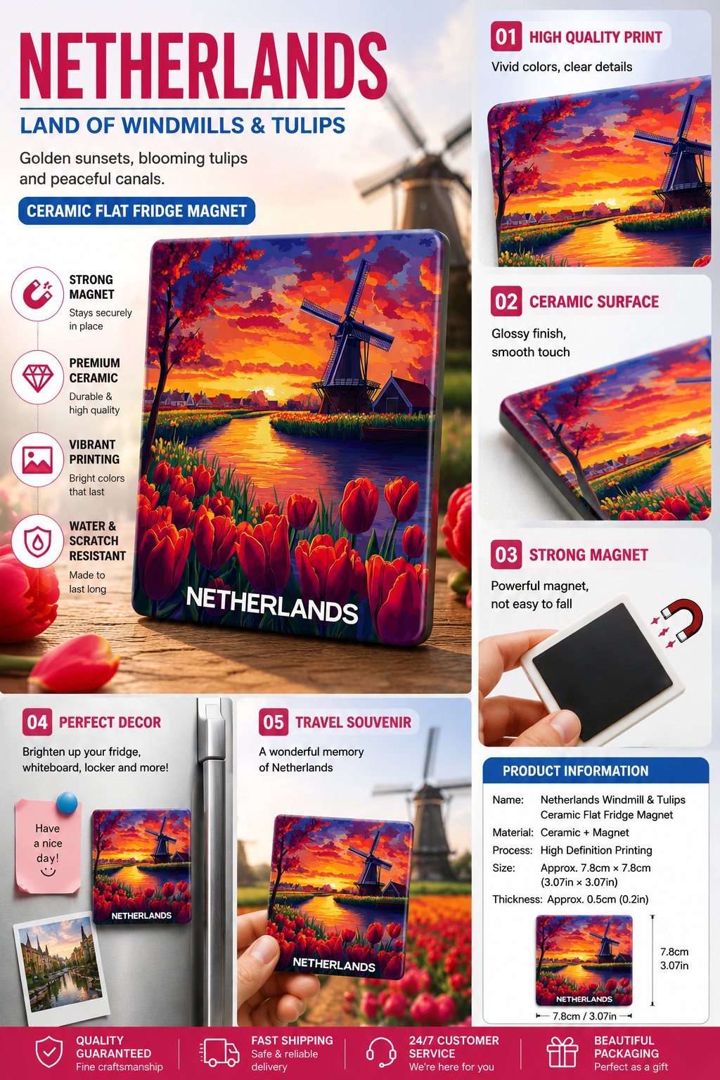 Netherlands Windmill & Tulip Fridge Magnet – Dutch Sunset Ceramic Refrigerator Magnet | Holland Travel Souvenir & European Home Decor Gift