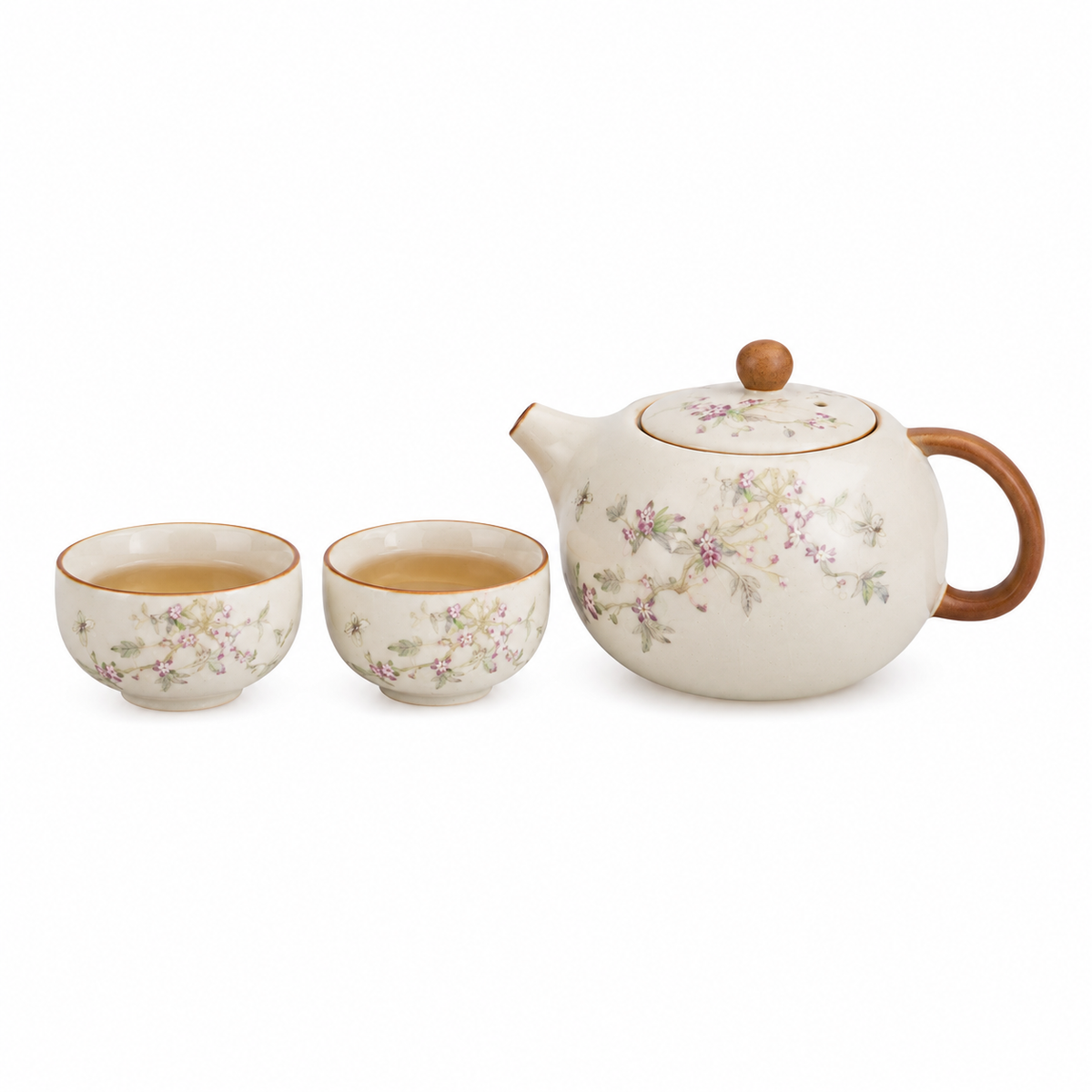 Soft Blossom Ru Ware tea set with one botanical teapot and two matching tea cups
