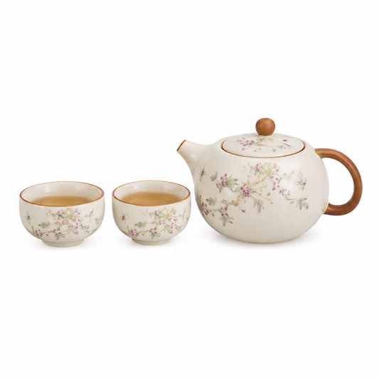 Soft Blossom Ru Ware tea set with one botanical teapot and two matching tea cups