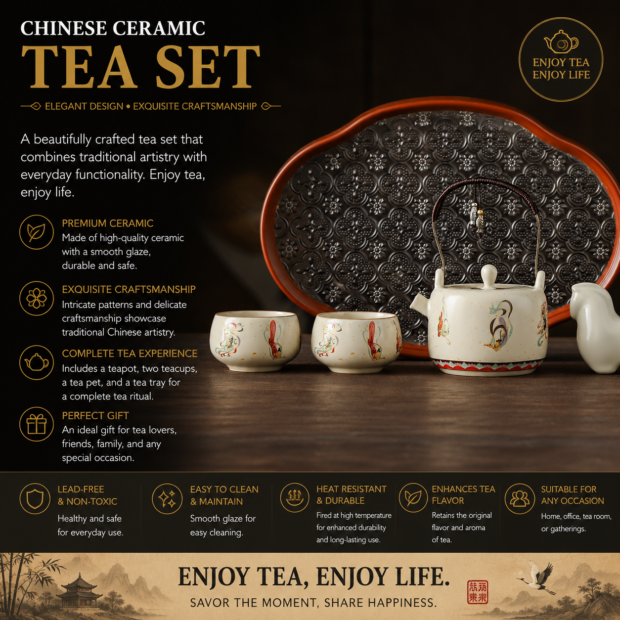 Dunhuang Flying Apsara ceramic tea ceremony set with tea tray and lucky horse tea pet